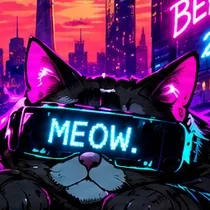The Cat: a black cat with pink ears and a neon visor that says MEOW, Neu-Berlin glowing behind it