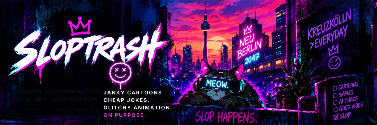 Our banner: the Sloptrash logo with its crown, “Janky cartoons. Cheap jokes. Glitchy animation. On purpose.”, the Cat in its MEOW visor over Neu-Berlin 2047, and “Slop happens.”